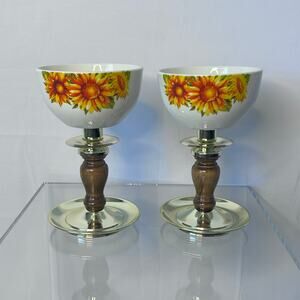 Home Interiors Sunflower Candle Holders Set of 2 Brass Wood Made USA 9” x 5”